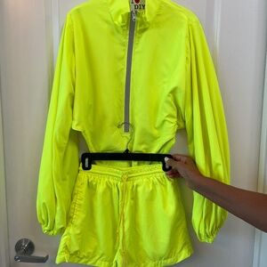I ❤️ DIY Neon Yellow Windbreaker Bodysuit & Shorts Set Size S